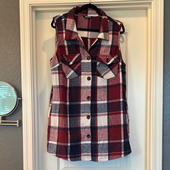 BloomChic Red and Blue Plaid Tunic Length Vest - Picture 1 of 6